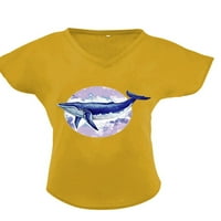 Pfysire дамски къс ръкав v риза за делфин делфин от печат свободни туника върхове жълти m