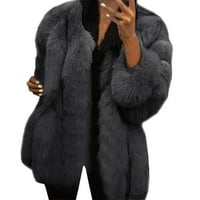 Жени плюс размер късо фау палто топло пухкаво яке с дълъг ръкав връх, сиво