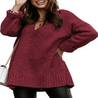 V пуловери за шия за жени свободни ежедневни пуловер с пуловер с дълъг ръкав с твърд цвят плетен отгоре