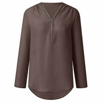 Женски летни ризи с дълъг ръкав цип ежедневна туника с v-образно деколте, преобръщане на блуза aq