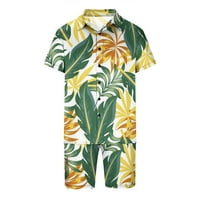 Мъже хавайски две екипи за тоалети, свободни годни за копче тропическо палмово дърво pritn копче с къс ръкав надолу с въртяща се яка ежедневни комплекти бързи сухи тънки ризи и къси панталони жълти s