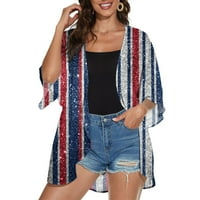 Zunfeo cardigan за жени облечени летни леко тегло на свободното прилепване на Америка Флаг отпечатано кимоно-отпечатано ново пристигане тениски Sky Blue S