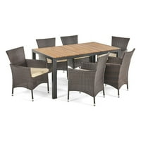 Ariella Outdoor Rectangular Acacia Wood and Ficker Dining Set с възглавници, мултикафява, тик, бежово