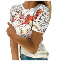Женска модна дантелена куха печат кръгла шия с тениска с къс ръкав отгоре