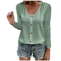 Есенни зимни върхове Просвещение, моден женски бутон Кръгъл деколте дълъг ръкав Небрежна тениска Блуза Зелено XL
