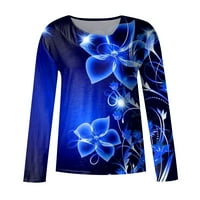 Пуловери за женски небрежен моден моден флорален принт с дълъг ръкав с коляна яка пуловер Топ блуза синьо s