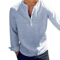 Qiaocaity Мъжки памучни ризи солидна тънка форма стойка v фланелка с яка плюс размер ежедневна риза лек празничен плаж за свободното време ризи светло синьо s