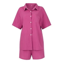 Пола и блуза на Hoksml за жени, модни жени лято солиден бутон V-образно деколте небрежен с къс ръкав отгоре+ панталон на клирънс