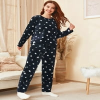 Нови жени фланелни панталони с дълъг ръкав зимни пижами комплект звезда шаблон тъмно синьо удобно домашно дрехи