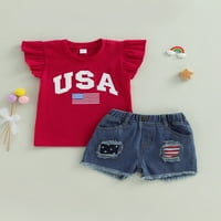 4 юли Детски момичета тоалети букви звезди ивици флаг печат муха тениски тениски разрушени разкъсани дънкови къси панталони дрехи