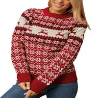 Жени Christm Sweater Cartoon Print Плетене с дълъг ръкав кръгла врата пуловер Christm Krikwear