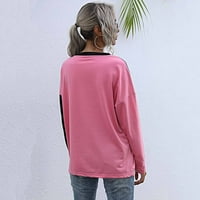 Есен мода ризи с дълъг ръкав за жени кръг врата капка рамото ръкави цвят блок шев Блуза ежедневни свободни удобни пуловер върхове Розово М