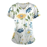 Блузи за жени мода пролет и лято маслени бои печат в-врата къс ръкав работно облекло с джобове върхове м