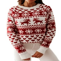 Женски пуловер, флорален принт кръгла шия с дълъг ръкав пуловер за жени, бяло червено