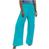 Широки панталони за крака за жени, пушени с висок талия, твърд цвят пачуърк лято ежедневни разхлабени панталони за панталони от бохо