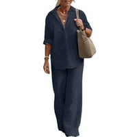 Cacommark Pi Clearance жена кръгла шия солидна блуза с дълъг ръкав +разхлабени джобове панталони комплекти тъмно синьо