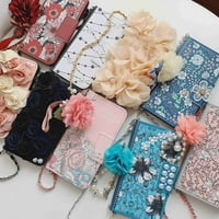 Дтек случай луксозен 3д цвете декор магнитна флип кожен портфейл покритие с чанта верига, сладко момиче за айфон про Ма, розово цвете
