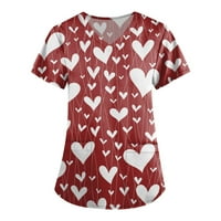 Дамски модни върхове сърца v-образно деколте с къси ръкави за скраб с два джоба пуловер червен m