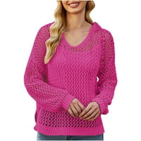 Кухи пуловери за жени с дълъг ръкав пуловер Класически прилепнали плетене на една кука, джъмпер V Врат върхове Твърди пуловери за жени мек уютен памучен кабел плетат горещи розови xxl