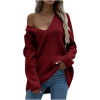 Cllios плюс размери пуловери за жени с дълъг ръкав плетен топ елегантен V Neck Sweater Classic Plain Pullover Jumper Fall Sweaters for Women