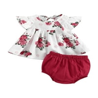 Бебешки бебета момичета летни дрехи комплект къс ръкав кръгла врата флорални върхове + твърд цвят pp къси панталони облекло