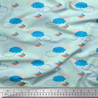Soimoi Blue Rayon Fabric Clouds & Bird Printed Craft Fabric край двора