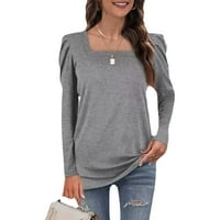 Дамски квадратна шия с дълъг ръкав бутер ръкав отгоре плътно цвят пуловер свободна тениска