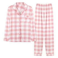 Заспиване за жени Прозрака пижама всички за женски бутон за освобождаване на небрежни върхове с дълъг ръкав свободни печат панталони домашни дрехи пижами комплект юноши розови l