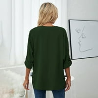 Дамски върхове бутон надолу небрежен дълъг ръкав твърди жени ризи V-образни летни зелени XL