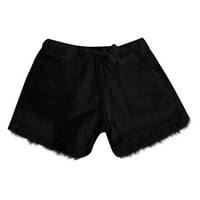 Дамски Къси панталони дамски клирънс жена лято Плътен цвят Джобни дънки каубойски панталони женски Пискюл превръзка отдолу ежедневни шорти Черно ххл