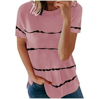 Юбатуо Дамски блузи мода Дамски хлабав къс ръкав тениска кръг врата ивица печат върхове блузи за жени
