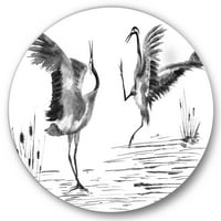 Дизайнарт 'монохромен два Емайлирани Японски Жерави птици' традиционен кръг метал Арт-диск от 36