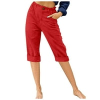 Дамски Висока талия Каприс с джобове лятото случайни памук бельо Коляното дължина панталони лек удобен панталони