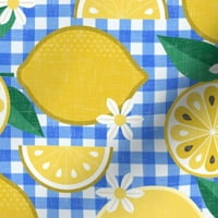 Minky Fabric край двора - Lemons Blue проверява пикници карирани жълти летни плодове отпечатана от печат от печат от лъжица