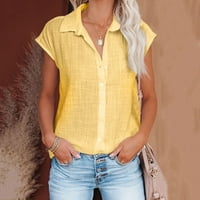AMTDH Женски тениски Просверие Y2K Облекло Креп къси ръкави тениски ризи с яка за тийнейджъри солидни бутони надолу върхове за жени летни ежедневни удобни блузи жълти m