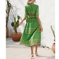 Рокли за жени бохемска женска ваканция отпечатана слънчева рокля v-образно деколте с дължина на глезена рокля зелено l