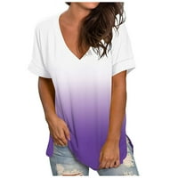 Дамски върхове модни ежедневни градиенти V-образни слеки с къс ръкав свободна тениска лилаво 2xl
