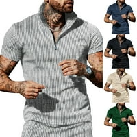 Мъже цип до Къс ръкав бизнес в врата риза райе върхове случайни тениска блуза Светло сиво