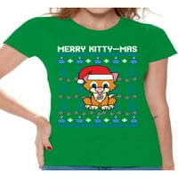 Неудобни стилове Весела Кити-мас тениска Смешни коледни ризи за жени Китимас грозна Коледна тениска Коледа коте Подаръци за любителите на котки Коледа котка риза Коледа парти облекло котка Подаръци за Коледа