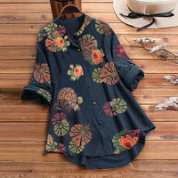 Dqueduo женски върхове ежедневни цветни печат с дълъг ръкав с копче бутон Разхлабена риза топ блуза плюс върхове за размери за жени на хлабина