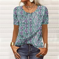 Женски върхове обичат жени мода v шия печат свободен плюс размер къси ръкави тениски блуза лилаво m